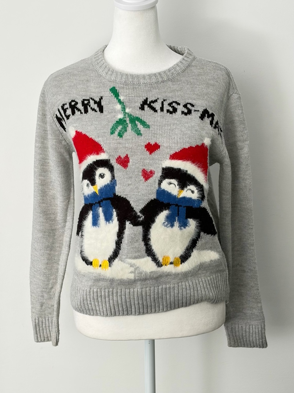 H&M Gray Holiday Penguin Sweater with Red Hats and Blue Scarves